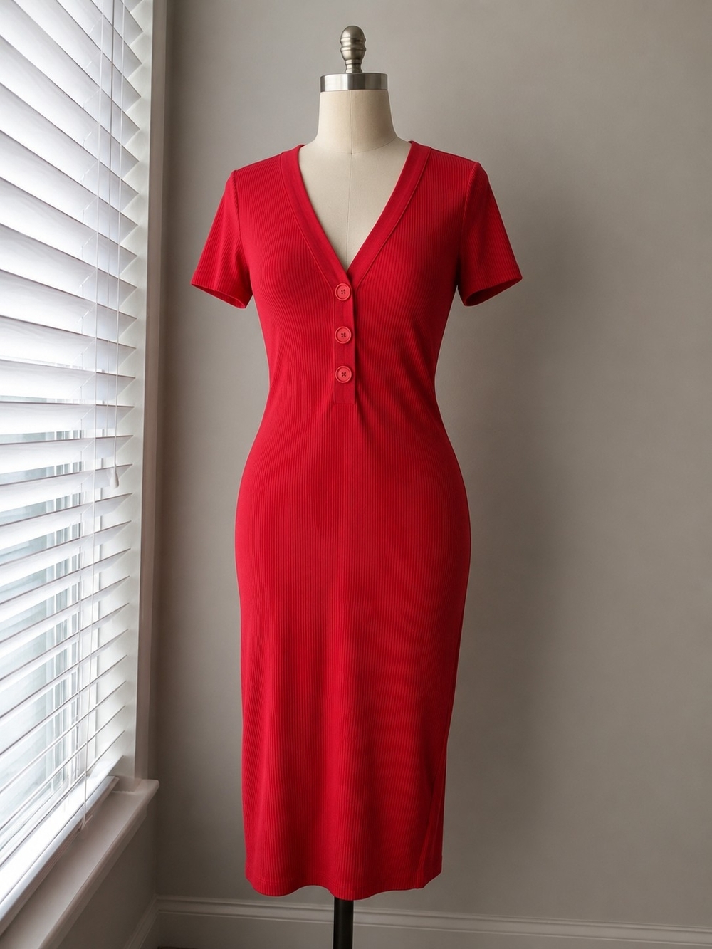 Zara Red Ribbed V-Neck Button Midi Dress